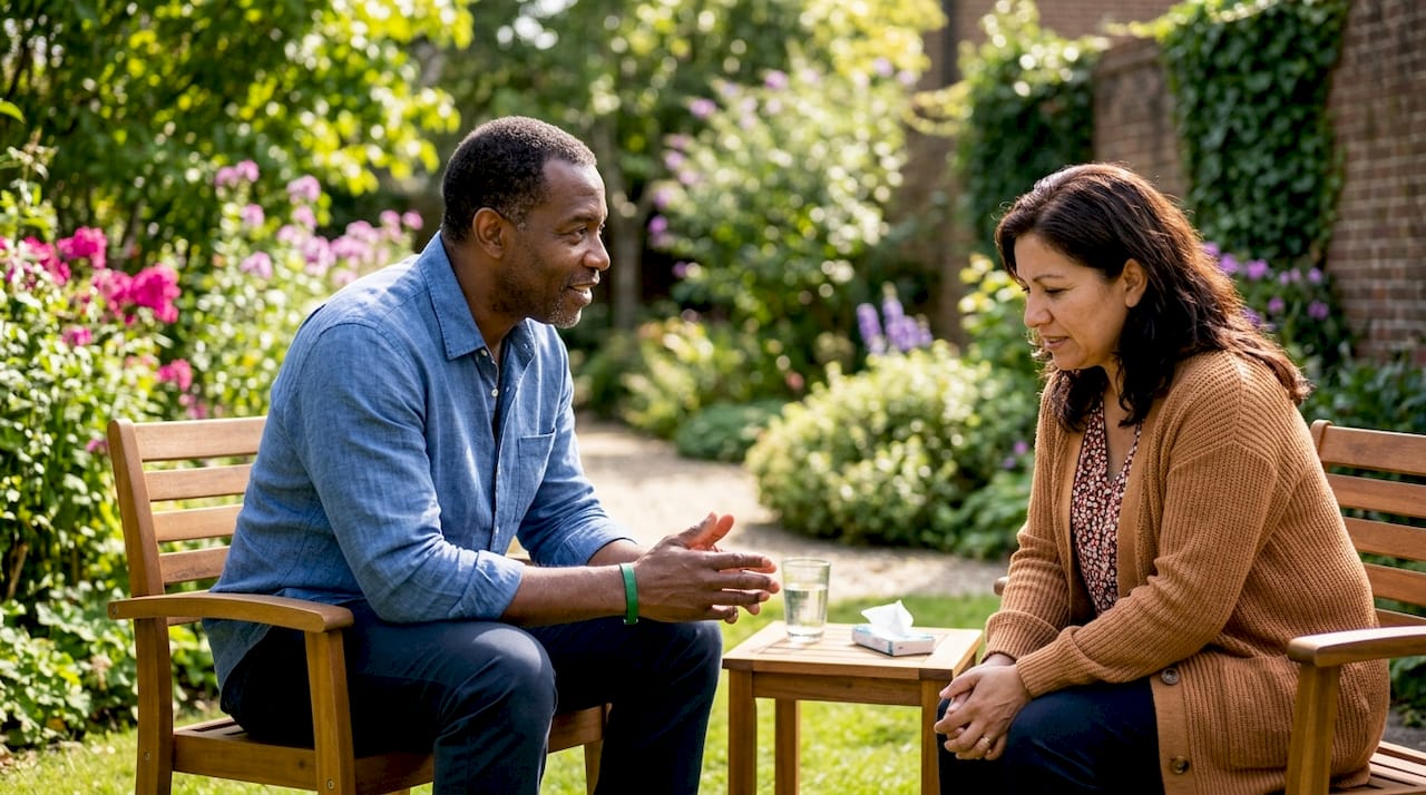 Therapist listening to anxious woman in counseling room