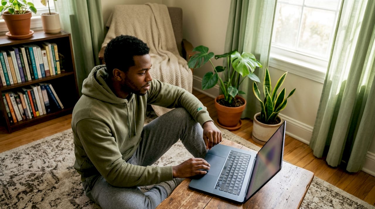 Young man using laptop for mental health therapy at home