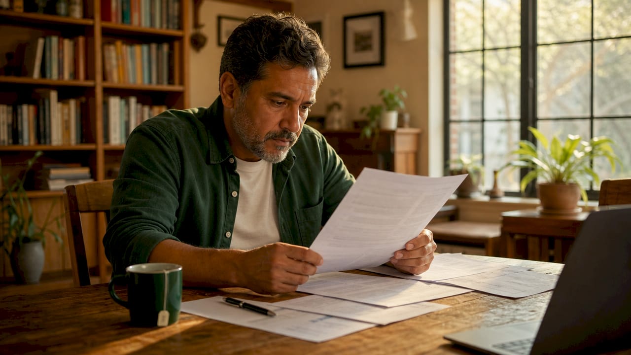 Hands sorting insurance documents on kitchen table