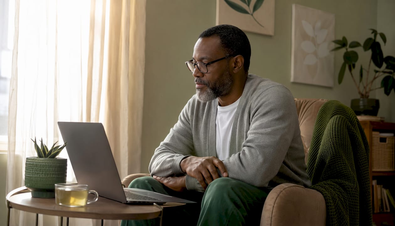 Man using teletherapy from home office