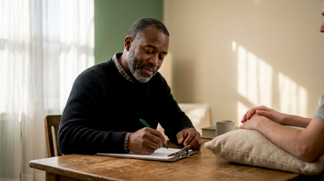 Therapist listening to client in therapy room
