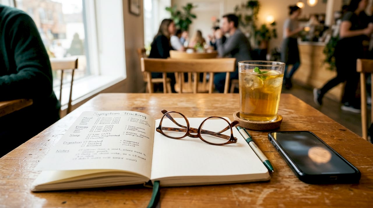 Desk with anxiety symptoms notes and glasses